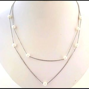 2 strand sterling white pearl station necklace